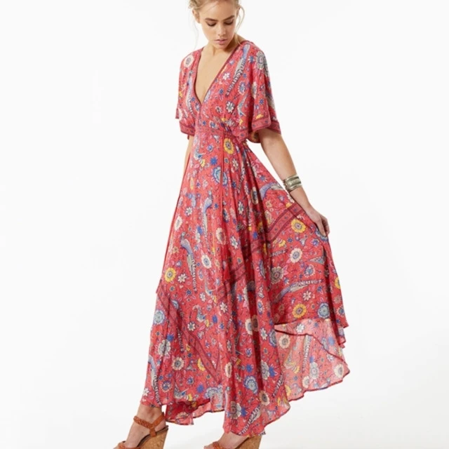  Vestido Long Flower Dress Retro Bohemian Maxi Dress Sexy Ethnic Deep V-neck Floral Print Beach Dresses Boho Hippie Robe (8)