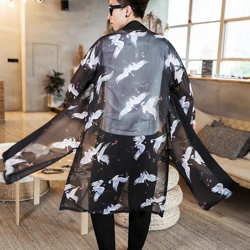 

Vintage Men Crane printed long jacket Sunscreen Black transparent thin open stitch men's chiffon trench coat loose trench M-5XL