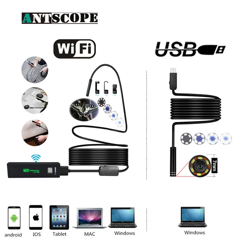 

Antscope Endoscope Borescope Camera 8mm HD 1200p Hardwire WIFI Endoscope 7mm 480p Softwire USB Endoscope Camera For PC D30