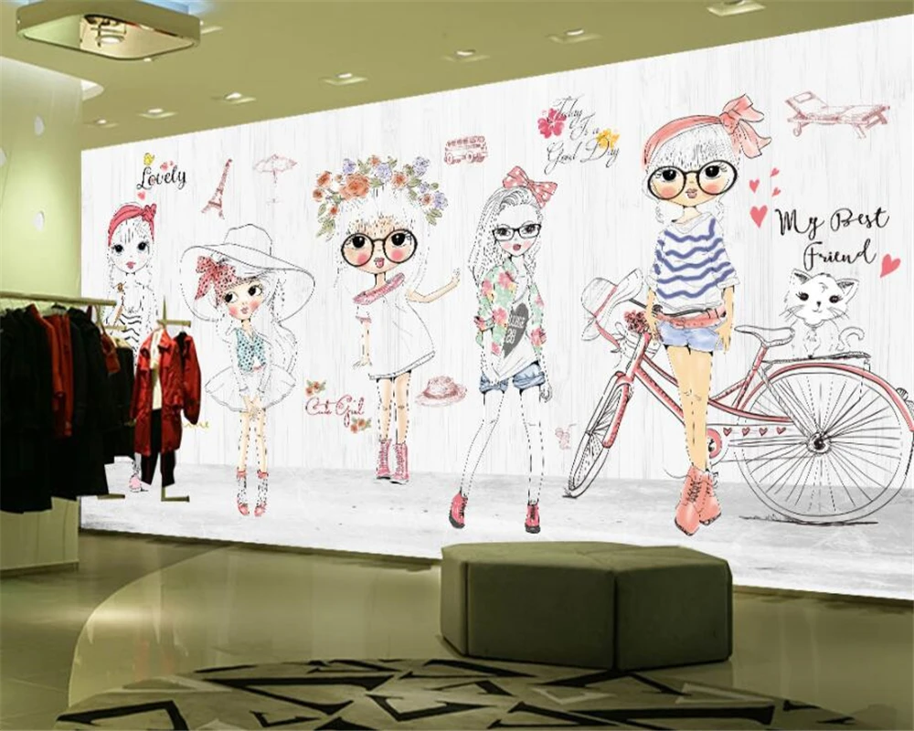 Beibehang пользовательские 3D обои рисованная мультфильм девушка мода шоу магазин одежды стены фон обои росписи папье peint
