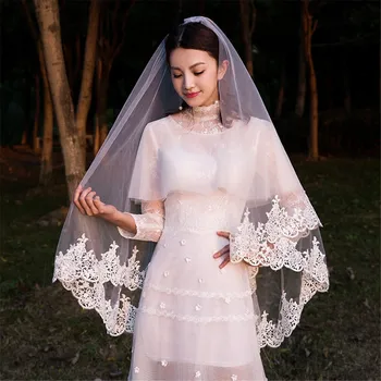 

Bridal Veils Wedding Veils With comb Appliques edge Ivory White Tulle Double 2 layers Veil velos de novia 2019 Voiles Mariage
