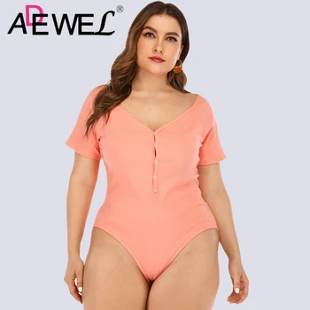 

ADEWEL Plus Size Sexy Deep V Neck Women Bodysuit Short Sleeves Single-breasted Stretch Tight Skinny Jumpsuit Summer Skinny 4XL