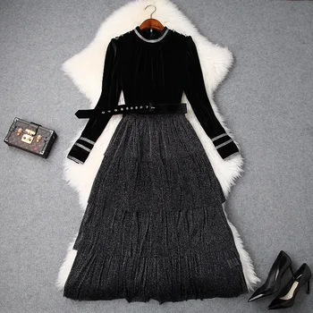 

Women elegant black mesh patchwork velvet dress long sleeve embroidery cuff layered belt dresses new 2018 winter