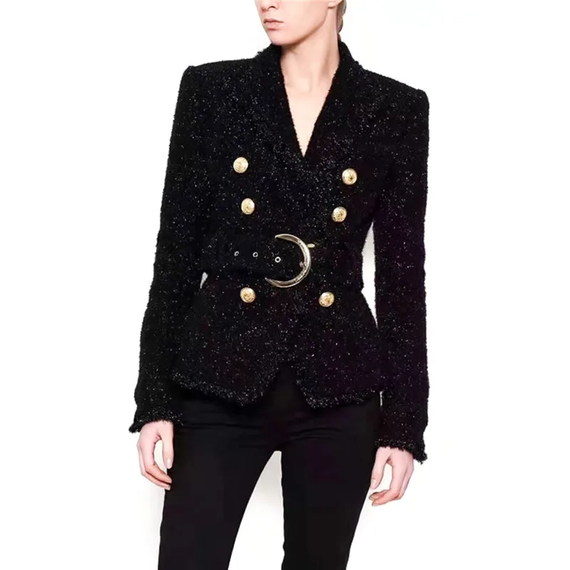 Высокого качества двубортное шерстяное пальто для женщин длинные рукава отложной воротник тонкая куртка с поясом женские пиджаки Черный