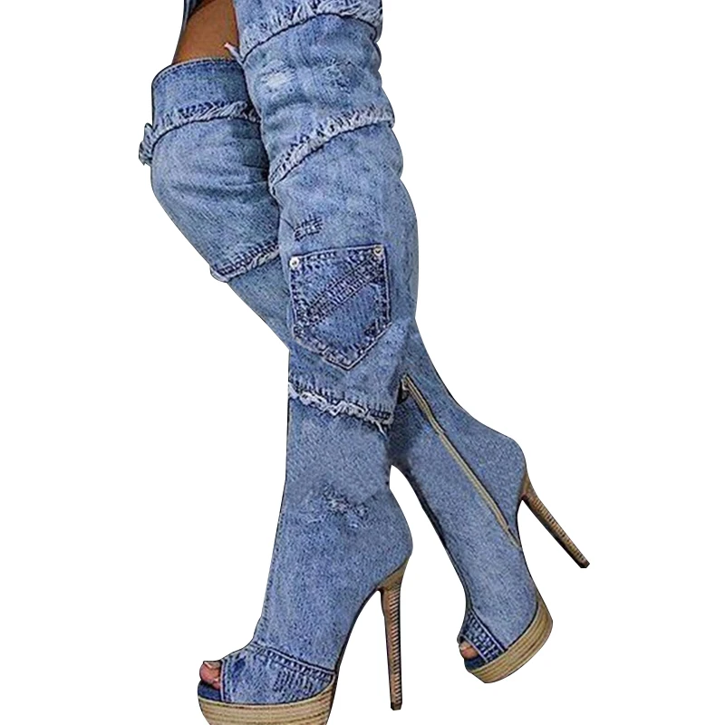 Beste WETKISS Nieuwe Aangepaste Denim Over De Knie Vrouwen Boot Ronde Neus Hoge Hakken Verschansten Schoeisel Sexy Peep Toe Ripped Lente meisje Schoenen