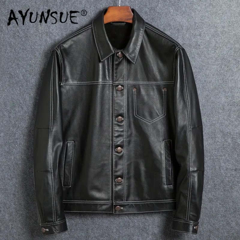 

AYUNSUE Genuine Jacket Leather Men Short Vintage Autumn Cow Leather Jackets and Coats Motorcycle Veste Cuir Homme 1825 YY286