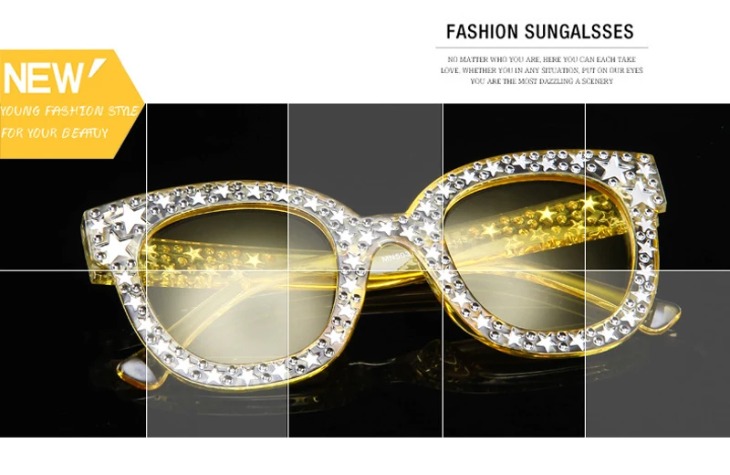 Shiny Stars Sunglasses Women Vintage Retro Square Shape Oversized Sun Glasses Fake Rhinestone Star Shades UV Protection oversized square sunglasses