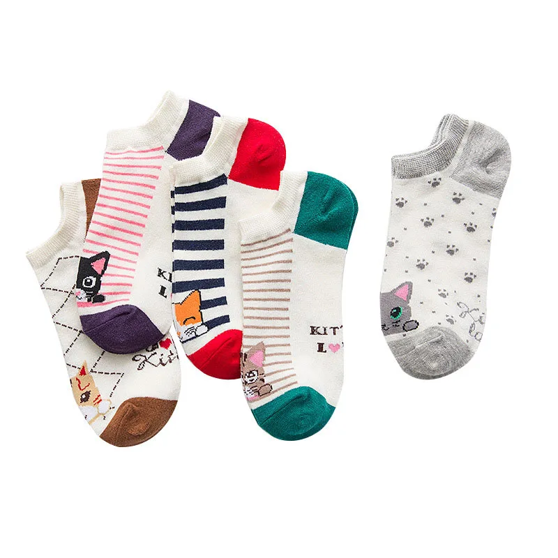 

2pair Women Ankle Socks Autumn New Striped Shaping Sock Meias Woman Cute Fashion Cotton Cat Funny Shallow Mouth Breathable Socks