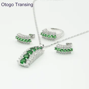 

Otogo Transing 2019 Party Love Jewelry Sets Silver Color for Women Fashion Green AAAA+ Crystal Ring Earrings Necklace Mark S132