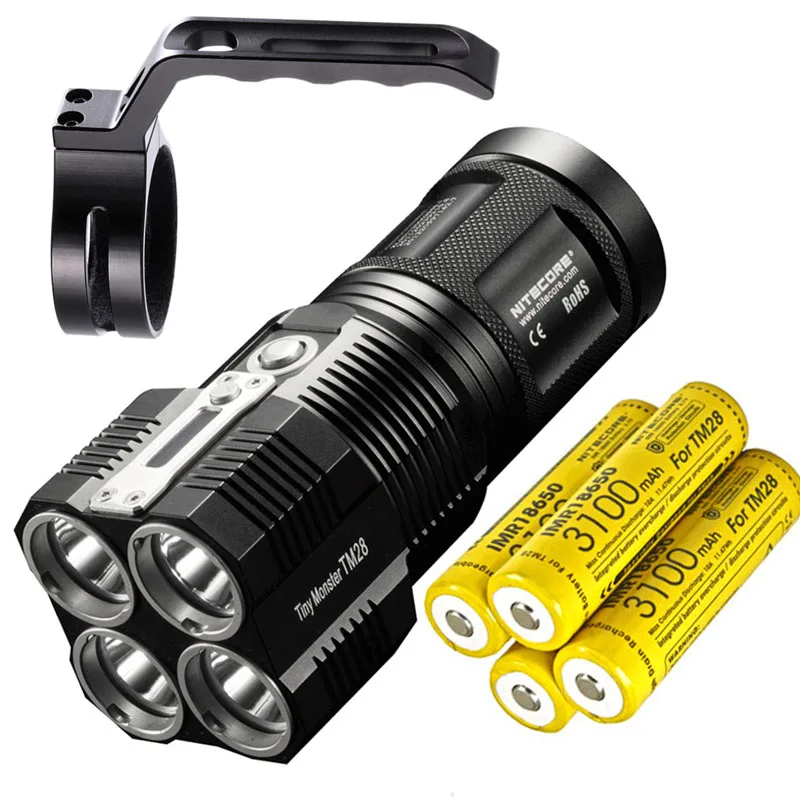 Фонарик с высокой яркостью NITECORE TM28 4* CREE XHP35 HI max.6000лм дальность луча 655 м+ 4*18650 3100 мАч батареи+ держатель NHM10