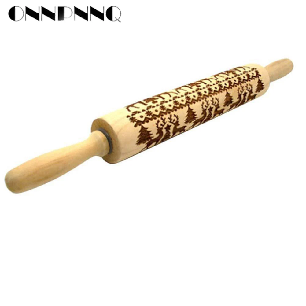 

OnnPnnQ 1x Christmas Rolling Pin Engraved Rolling Pin Elk Wooden Embossed Rolling Pin