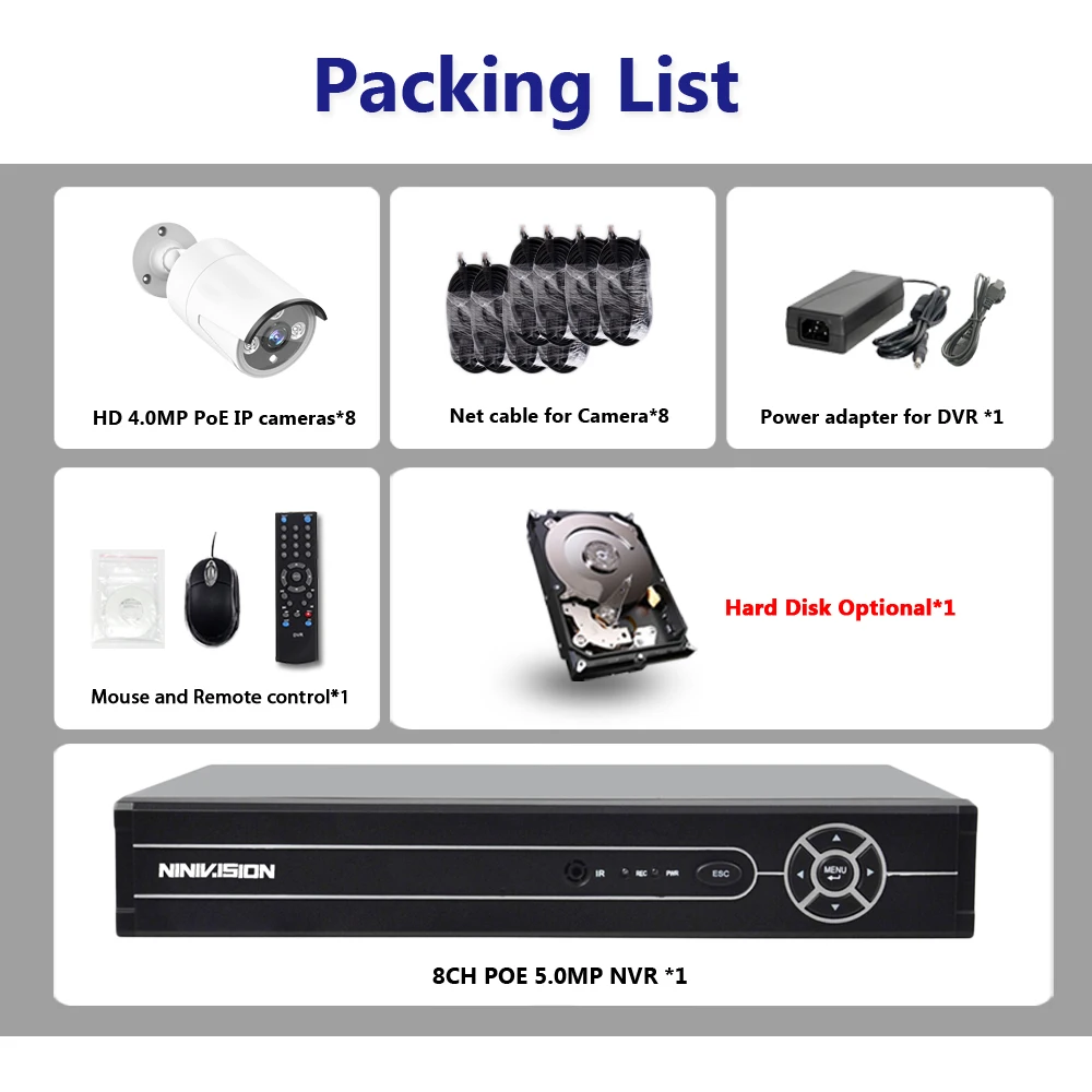  8CH 5MP 1080 P 4 K HDMI POE NVR Kit de sistema de cámara CCTV 4.0MP al aire libre de la cámara de s