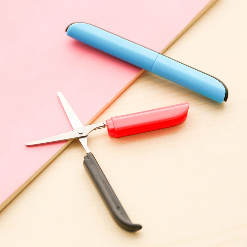 Personality color scissors pen type folding portable scissors safety hand scissors with protective cover office supplies