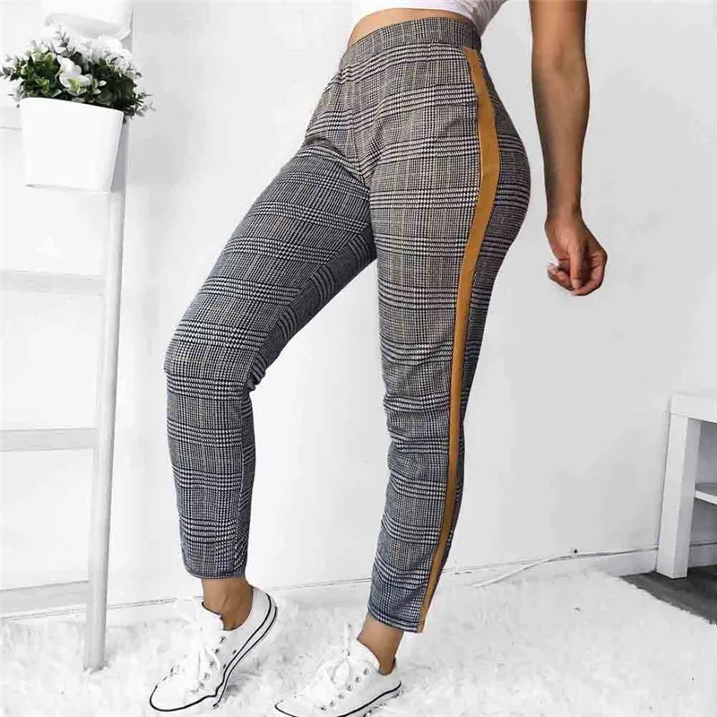 

High Waist Stretch Plaid Loose Slim Pants Women 2018 New Vintage Cargo Pants Trouser For Female