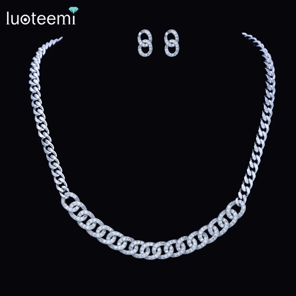 

LUOTEEMI White Gold-Color Statement Cuban Link Chain Choker Necklace Earrings Jewelry Set For Women Wedding Bijoux Wholesale