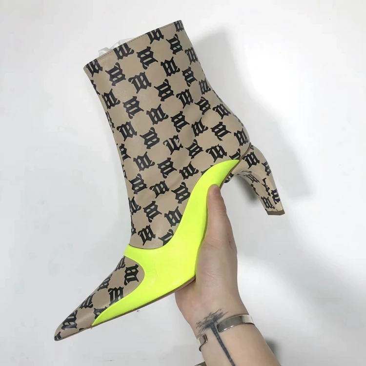 

19 New alphabetical printed matching color sheepskin Ivory heteromorphic heel pointed ankle net red fashion personality boots
