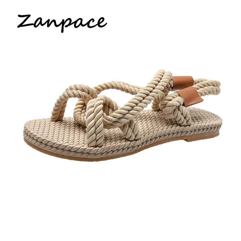 Handmade Women Sandals 2019 Gladiator Flat Heels Sandals Women Hemp Slip on Hemp Shoes Beach Sandals Cross-tied Flat Sandals