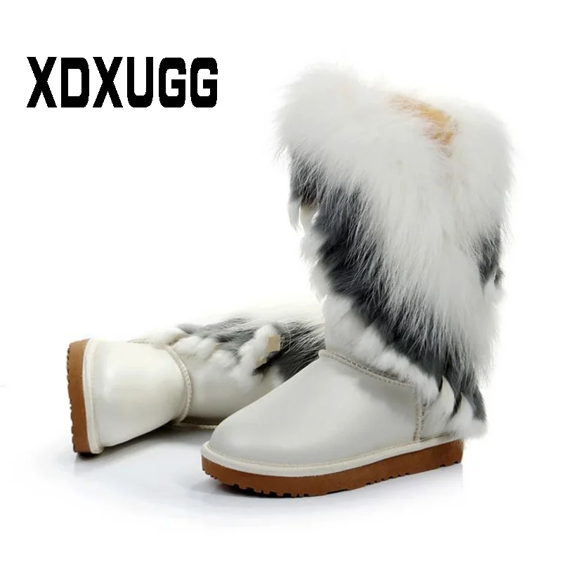 

2018 New Fashion Style Big Natural Fox Fur Snow Boots Real Cow Leather High Snow Boot Women Winter Long Boots Rabbit Fur Fringe