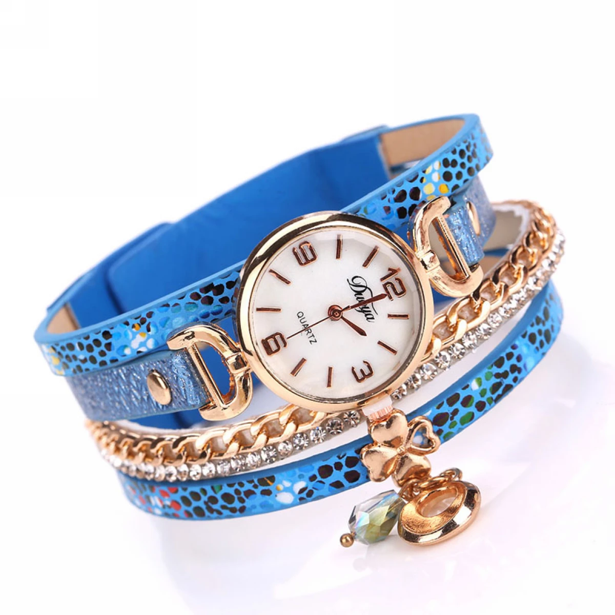 Women's Crystal Rhinestone Leopard Leather Chain Wrap Bracelet Wrist Watch