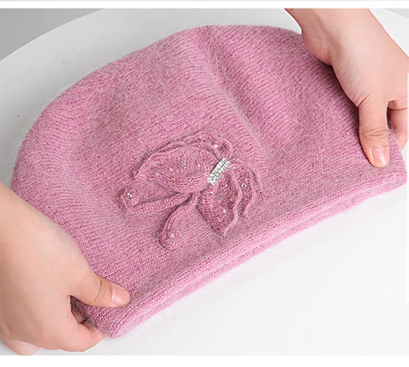 Angora Hat Women Winter Knit Cap Beanie Beret Warm Headwear Flower Casual Soft Classic Thermal Snow Outdoor Accessory (1)