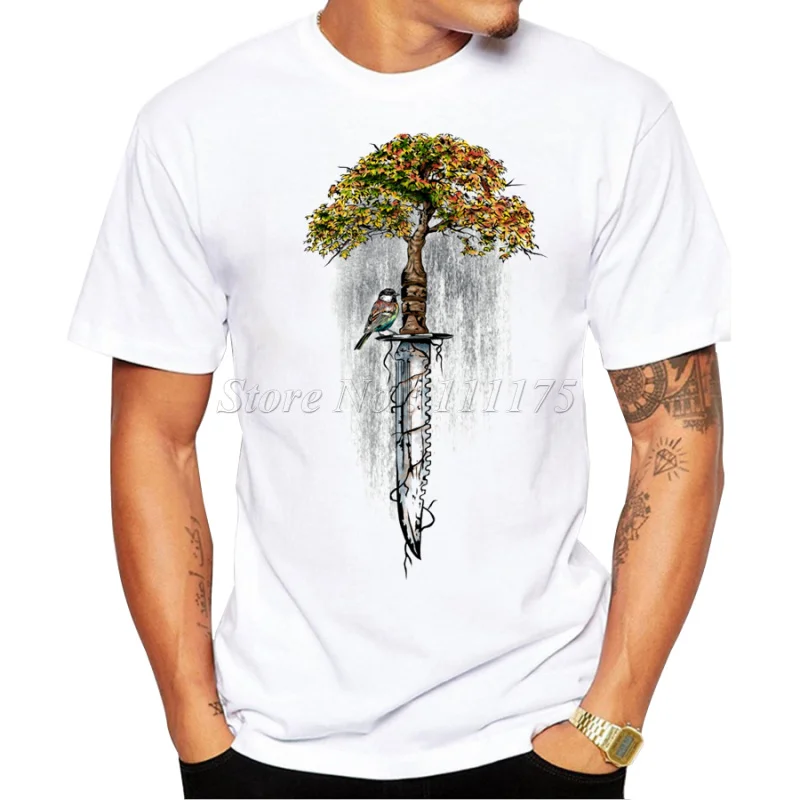 Модная мужская футболка с абстрактным деревом и ножом, крутые мужские топы, хипстерские летние футболки с принтом