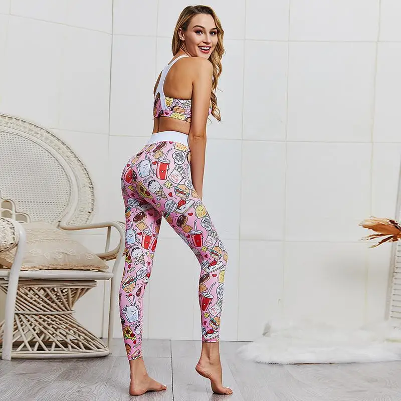 Goedkoop Sport Pak Vrouwen 2019 Nieuwe Cartoon Print Fitness Trainingspak Voor Vrouwen Tweedelige Sets Sportbeha En Yoga Leggings Gym set Kleding