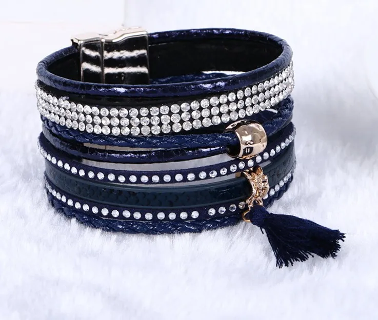 

Crystal Cuff Leather Rhinestone Slake Crystal Element Bohemian style Bracelet wrap leather bracelet hot drill bangle