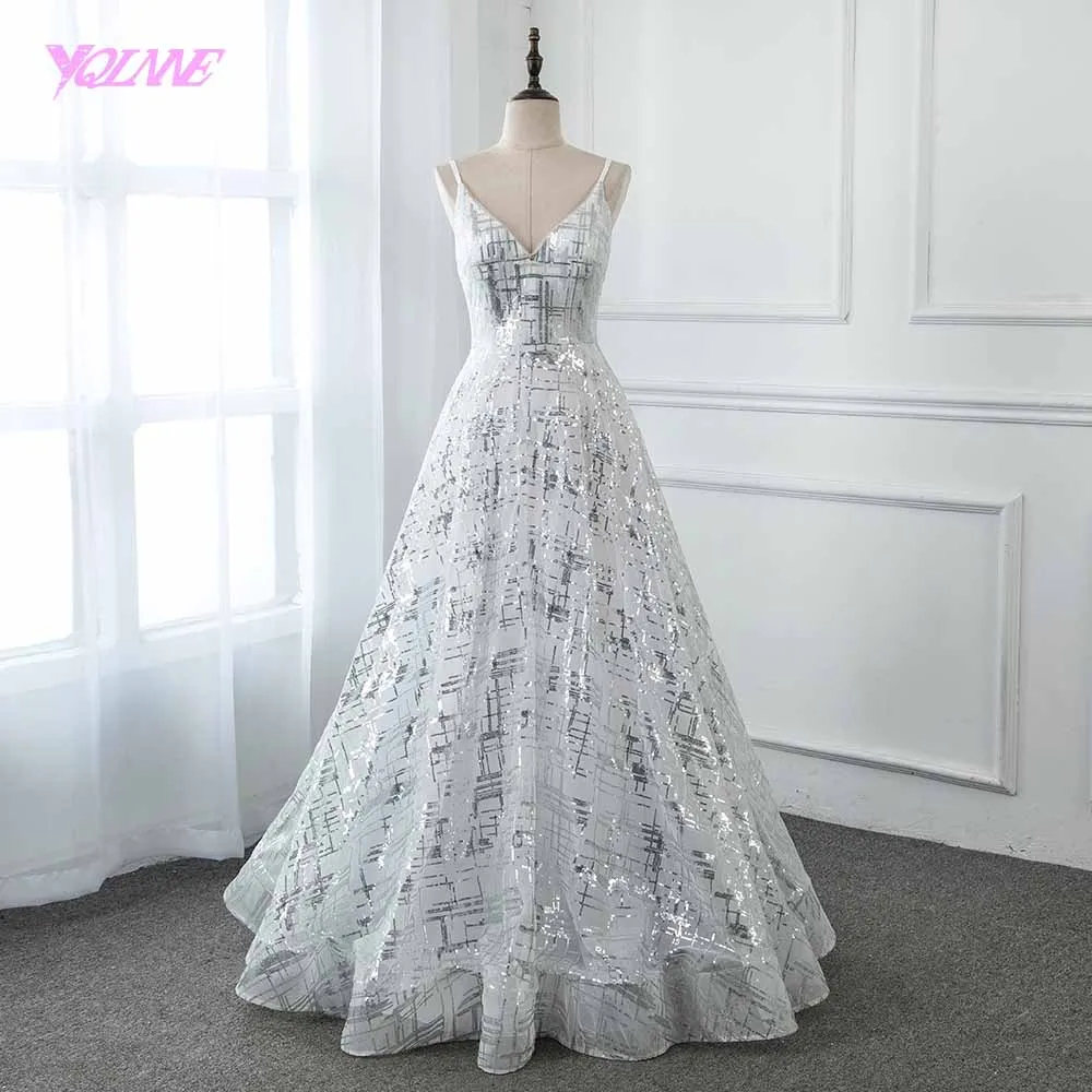

YQLNNE 2019 Silver Sequins Long Prom Dresses Formal White Aline Dress