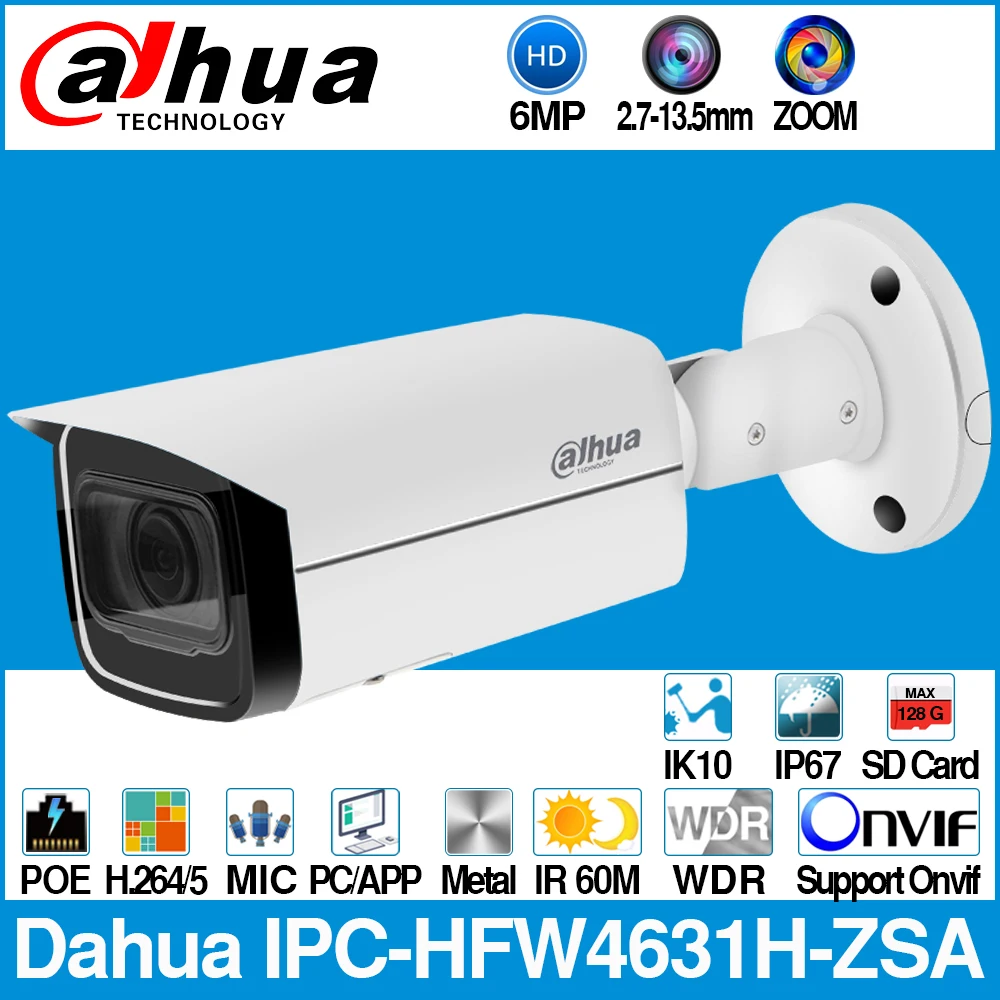  IPC-HFW4631H-ZSA 6MP IPC Dahua IP Camera Built-In MiC Micro SD Card Slot 2.7-13.5mm 5X Zoom VF Lens