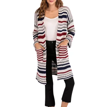 

Casual Long Sleeve Knitted Sweater Women Warm Winter Long Sweater Oversize Pocket Striped Open Front Sweater Cardigan