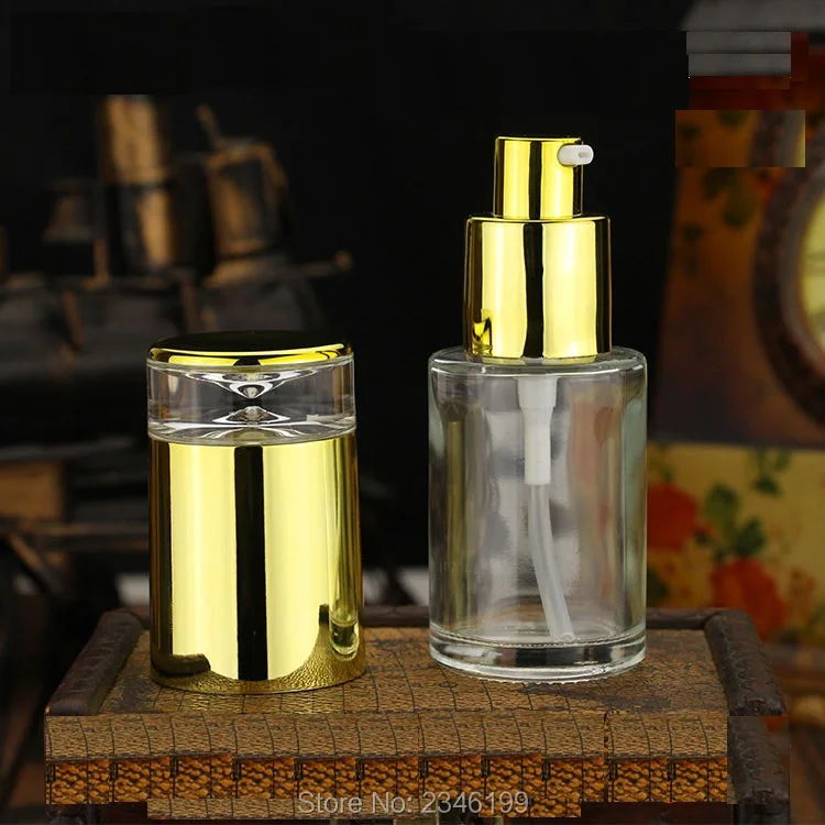 18 개/몫 30 ml 고급 유리 병 화장품 bottling 포장 병 은색 모자 또는 골드 캡 emtpy 유리 펌프 병.