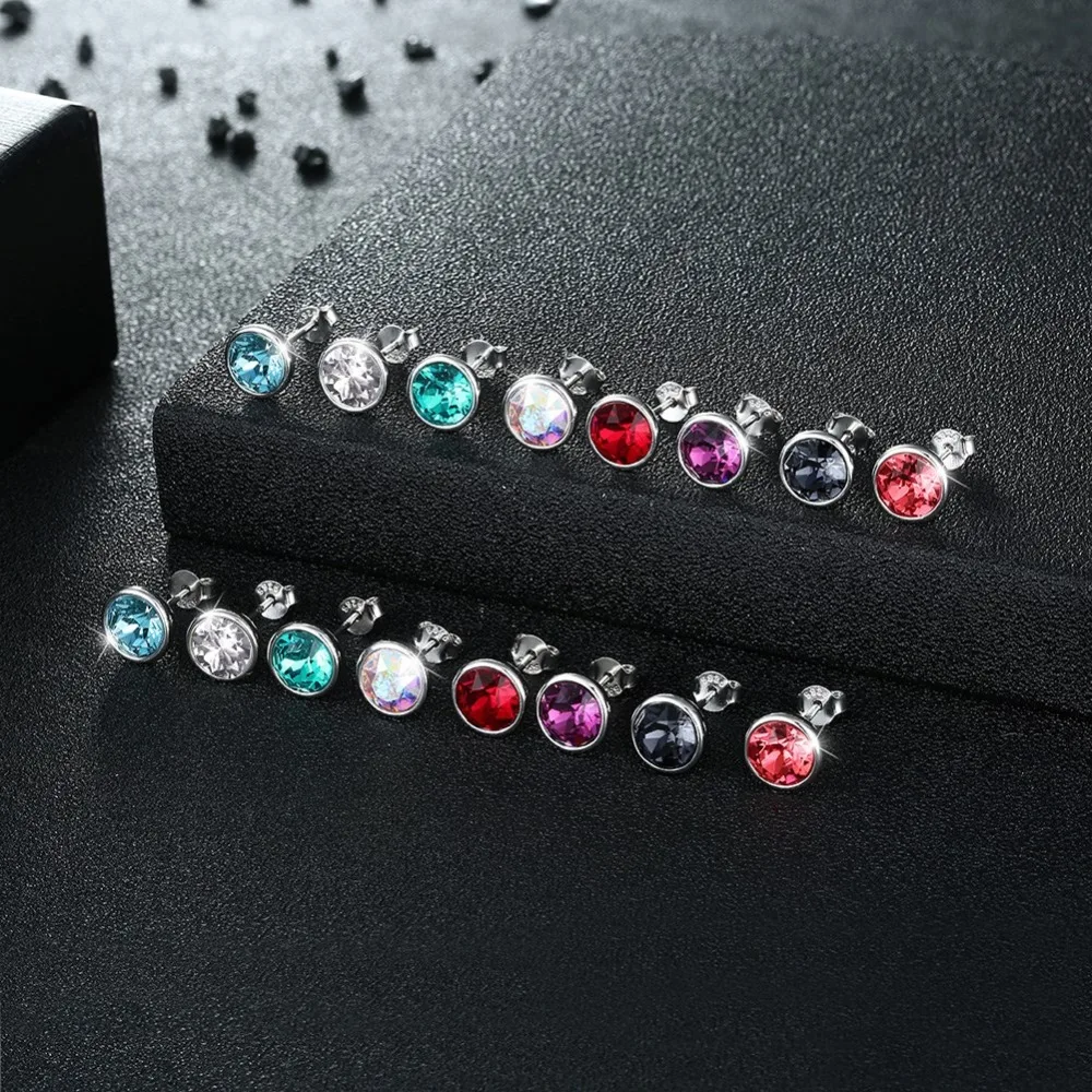 Серьги-гвоздики LEKANI с кристаллами Swarovski, 925 пробы, серебряные, круглые серьги-гвоздики, женские красные, черные, синие, зеленые, фиолетовые серьги