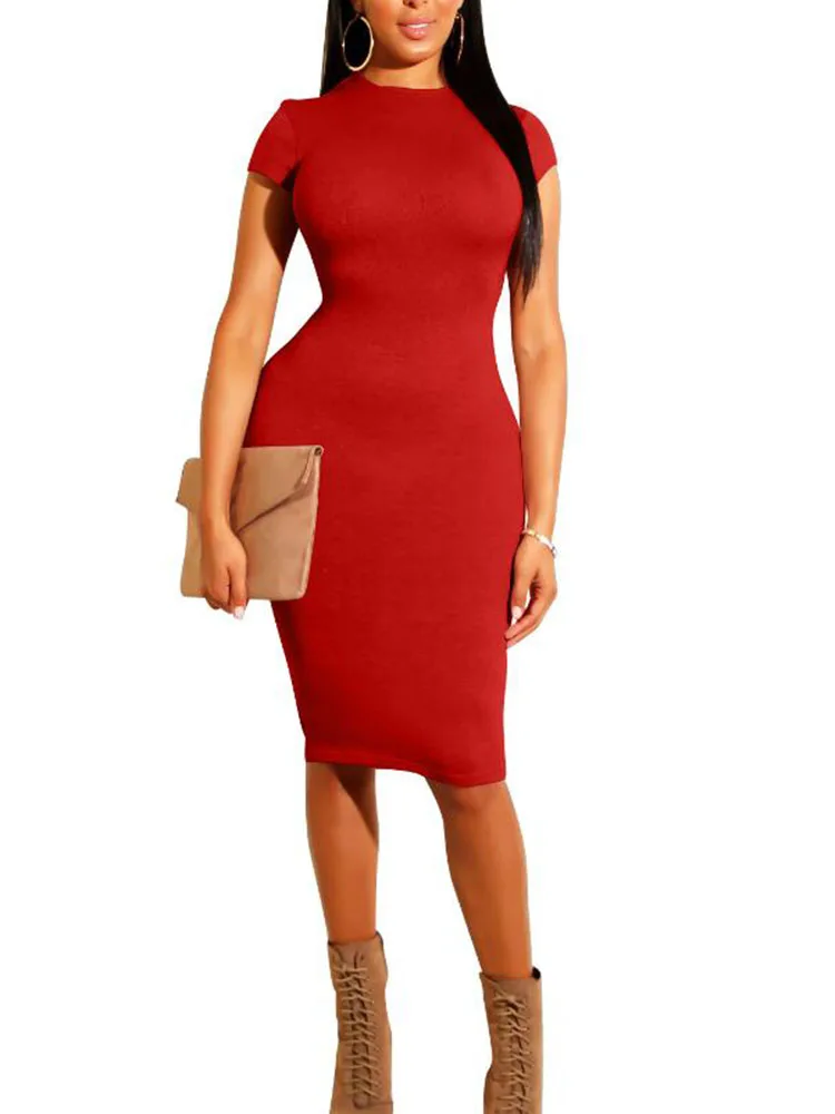 

1pcs Womens Dress Vestido Short Sleeve Slim Bodycon red blueDress Tunic Crew Neck Casual Pencil Dress New Arrival