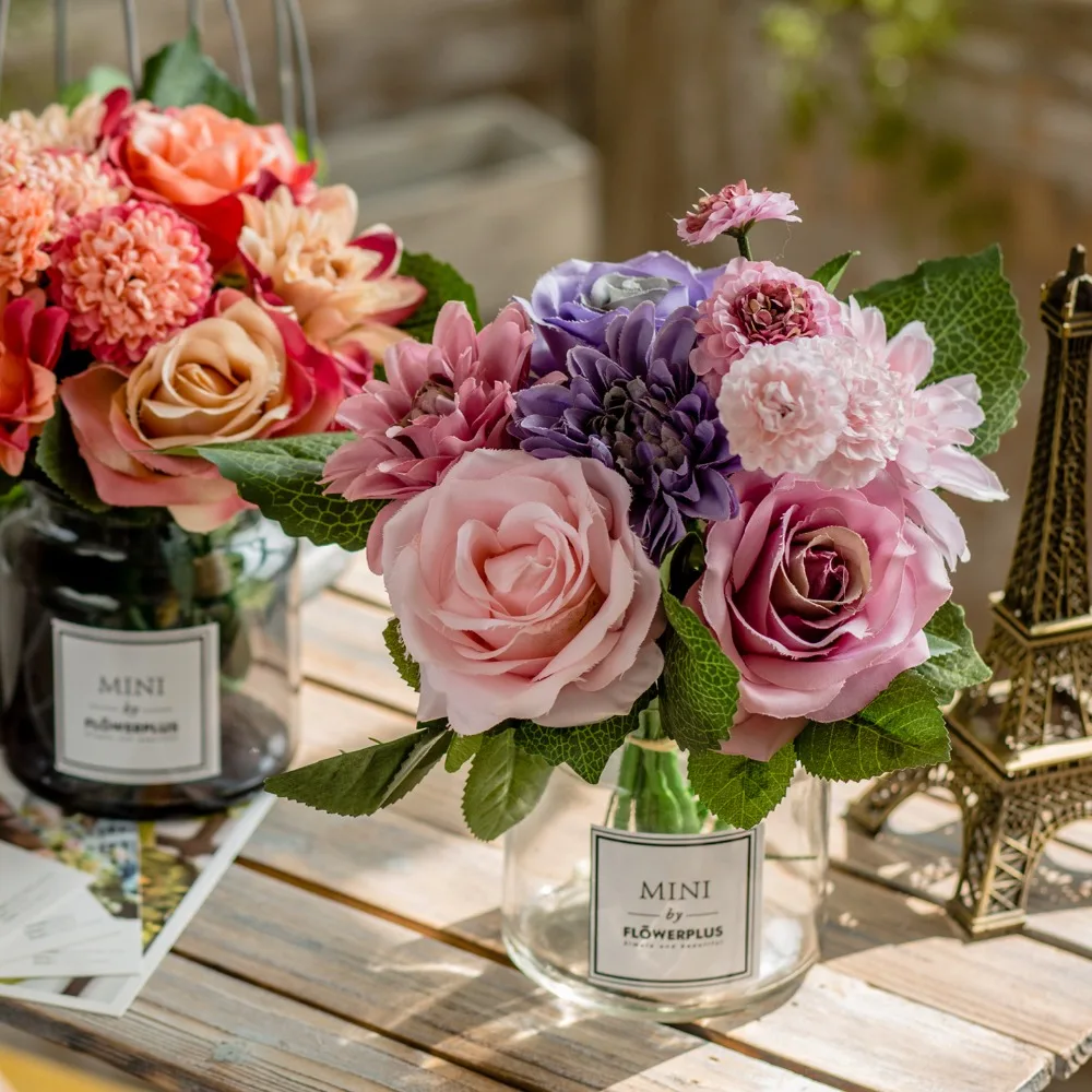 

Glass Vase+Artificial Hydrangea Flower Set Ornaments Home Office Desktop Figurines Decoration Crafts Fake Flower Pot Art Dcecor
