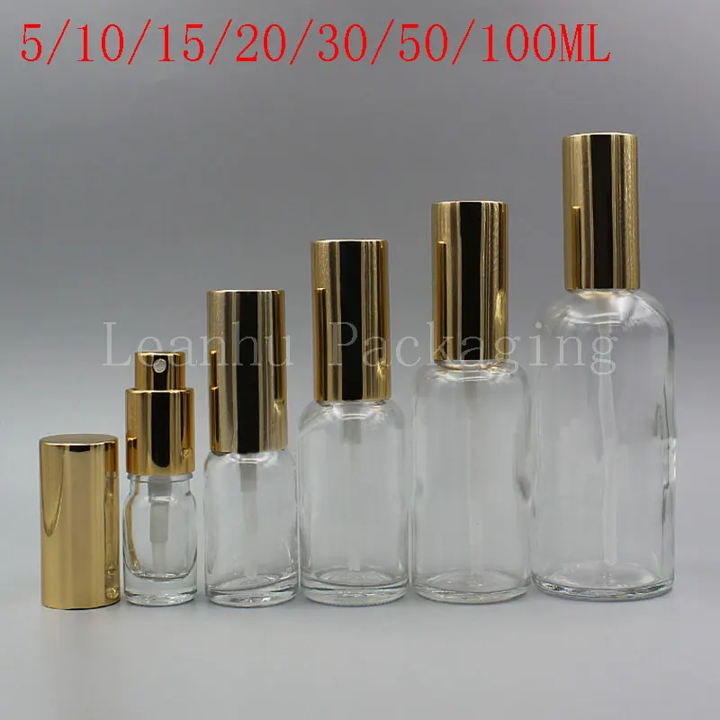 

5/10/15/20/30/50/100ML Transparent Glass Bottle With Gold Spray Pump, Empty Cosmetic Container, Perfume/Toner/Water Sub-bottling