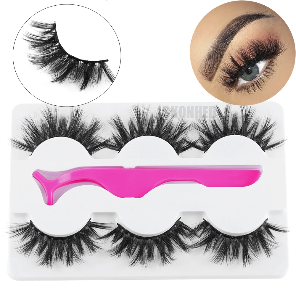 

New 3 Pairs /set with 1pc tweezer 3D Mink Hair False Eyelashes Thick Wispy Long Fluffy Dramatic Lashes Handmade Makeup Tools