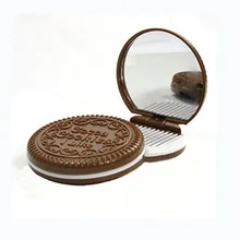 Women Makeup Tool Pocket Mirror Makeup Mirror Mini Dark Brown Cute Chocolate Cookie Shaped With Comb Lady P27