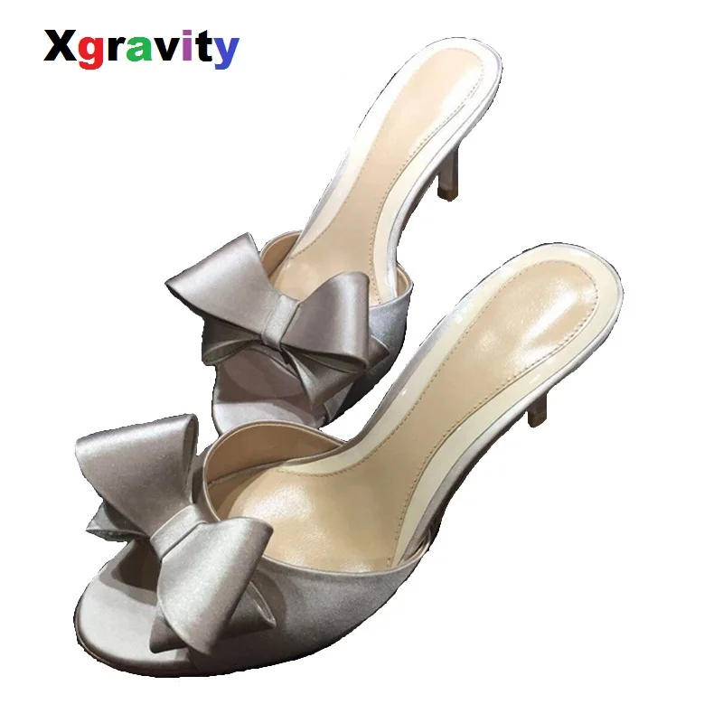 

Xgravity 2018 New Summer Thin High Heel Slides Fashion Silver Woman Fashion Butterfly Knot Fashion Sandals Ladies Slippers B003