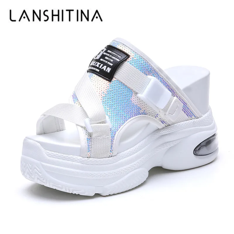 

New Fashion Women Platform Slippers Bling Sandals Shoes 10CM Wedge Heels Peep Toe Sandals Ladies Hollow Outside Flip-Flops Woman