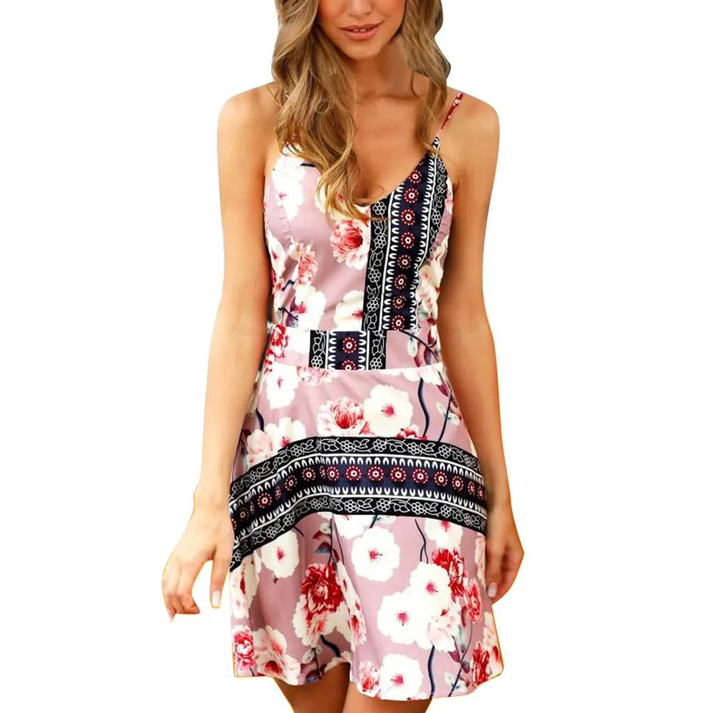 

SAGACE Sexy Womens Dress 2019 Sleeveless Hollow Floral Printed Ruffles Holiday Party Mini Dress Bodycon Dress Vestidos Summer