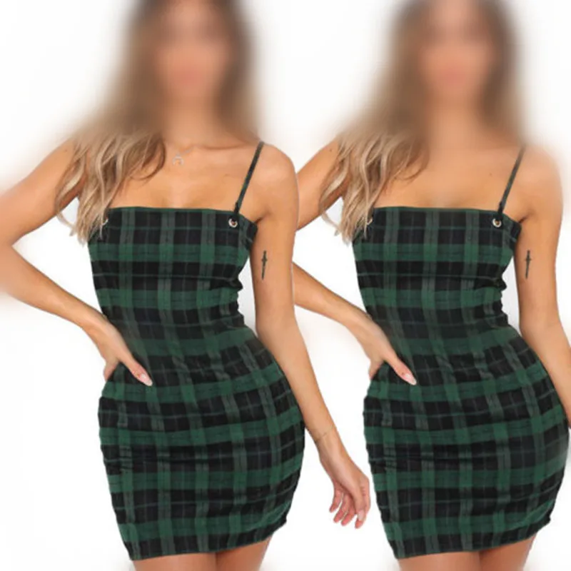 

Women Elegant dress Plaid Spaghetti Strap female summer dress women dress 2018 summer style women clothing plus size