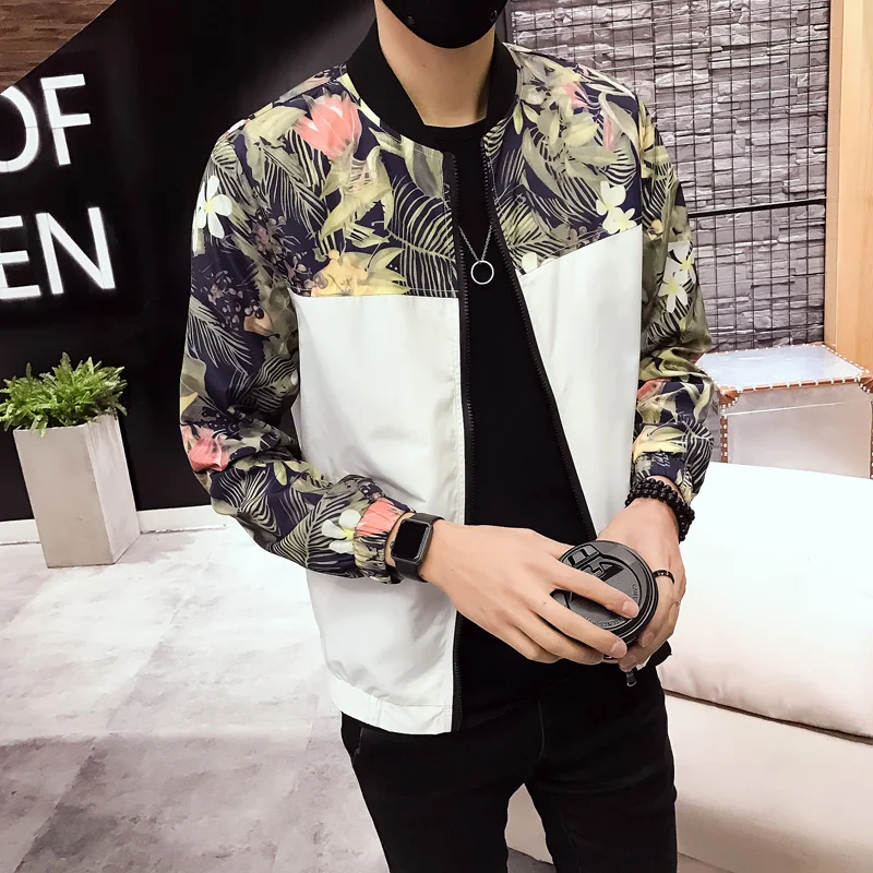 Jacket Men 2018 Spring New Coats Mens Casual Floral Jackets Fashion Patchwork Slim Fit Long Sleeve Bomber Jacket Windbreaker 5XL