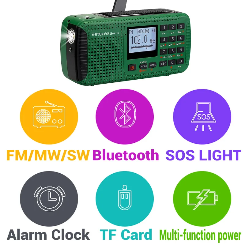 Retekess HR11S цифровой рекордер портативный FM/MW/SW ручной Солнечный аварийный сигнал радиостанции Bluetooth музыкальный плеер F9208G