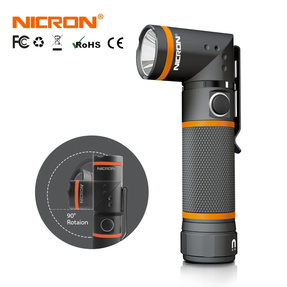 NICRON 90 Degrees Magnet Twist LED Flashlight Waterproof IP54 3AAA Battery 300LM 5000CD Mini LED Torch Light For Outdoor etc N72