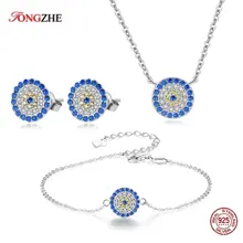 TONGZHE 925 серебряная бижутерия синий Злой Глаз 3 шт набор серьги/браслет/ожерелье турецкие Ювелирные наборы для женщин