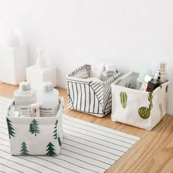 

Sweet Pine Tree Cactus Striped Print Home Folding Desktop Storage Box Basket Cosmetic Stationery Organizer Desk Bag Organization