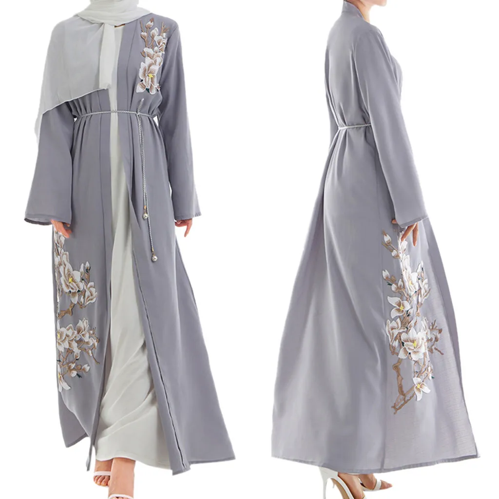 Мусульманское платье, мусульманское, арабское, для Ближнего Востока, туника, Женское Ожерелье, одежда с длинным рукавом, халат, платье Рамадан, халат, musulmane - Цвет: Gray
