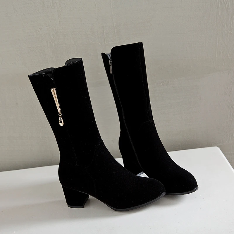 

NASBAVI Autumn and Winter New Fashion Suede Leather Plush Lining Round Toe Women's Side Zipper Mid-Calf Boots High Heels