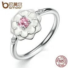 BAMOER Populares Anillos de Dedo Del Partido Blanco Flor Rosa Piedra 925 Anillo de Plata Esterlina para Las Mujeres Joyería Fina de Tamaño 6,7, 8 PA7177