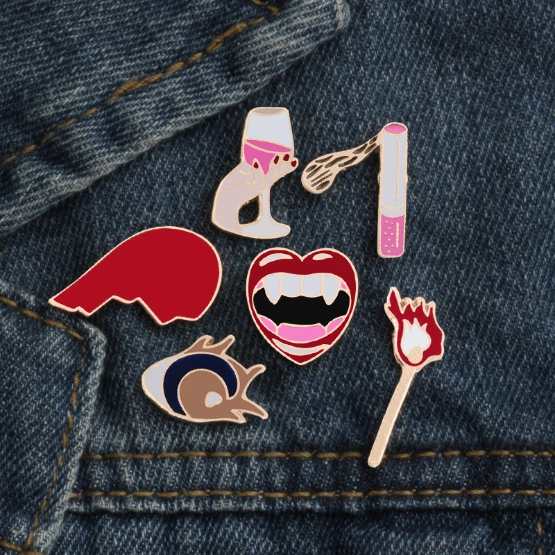 shshd Sexy Women Lips Wine Eye Cigarette Matches Enamel Pin Fashion